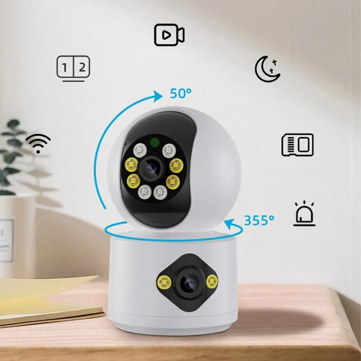 Säkerhetskamera med dubbla linser, WiFi och 4MP, monterad för inom- eller utomhusövervakning.