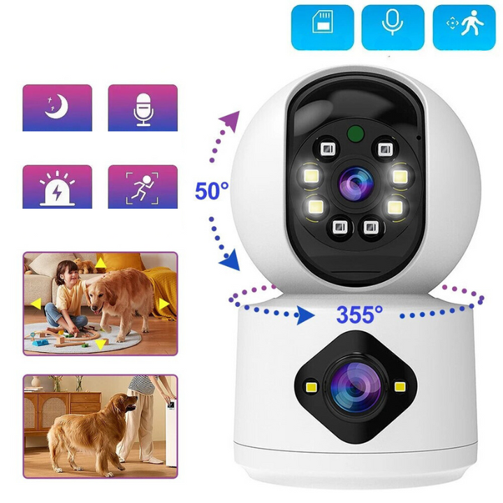 Effektiv smartkamera med dubbla linser och 4MP, erbjuder full täckning och pålitlig övervakning.