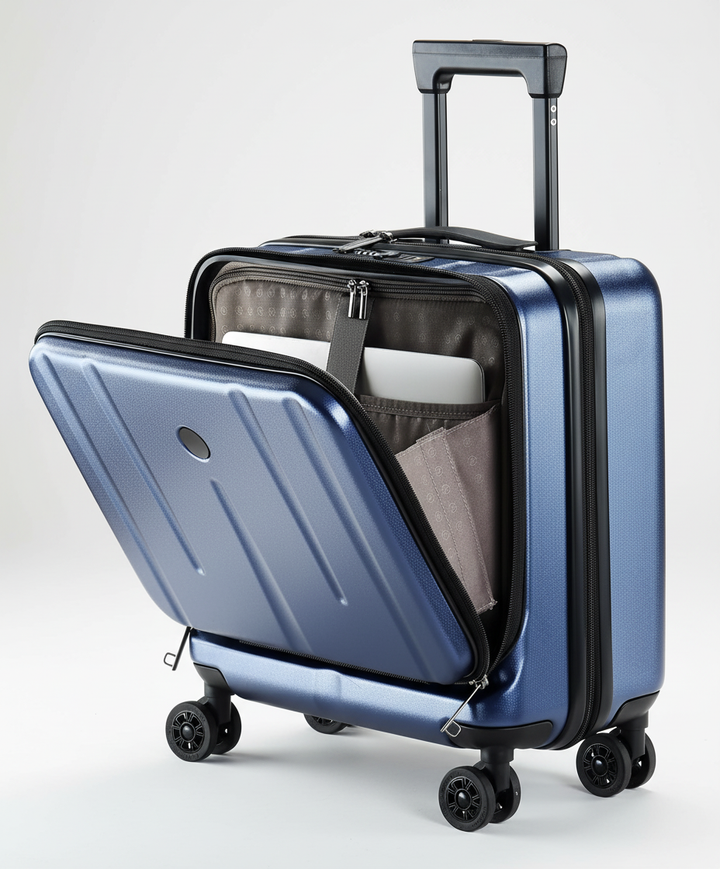 Elegant kabinväska, organiserad inuti. Kompakt resväska med hjul, tålig för bagage och smart förvaring.