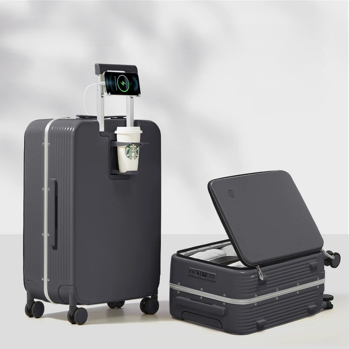 Säker hårdskalsväska med TSA-lås, aluminiumram och USB-port för smidig laddning.