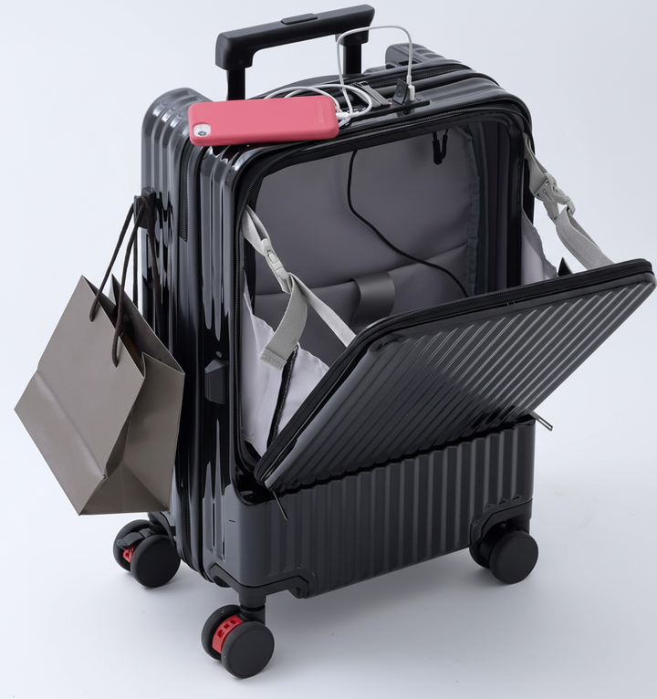 Praktisk FlexiCase kabinväska med framficka för laptop och USB-laddning. Smart bagage för moderna resor.