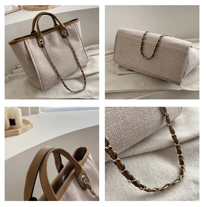 Kvinna bär trendig svart designer axelväska över axeln. En chic & stilfull modeaccessoar.