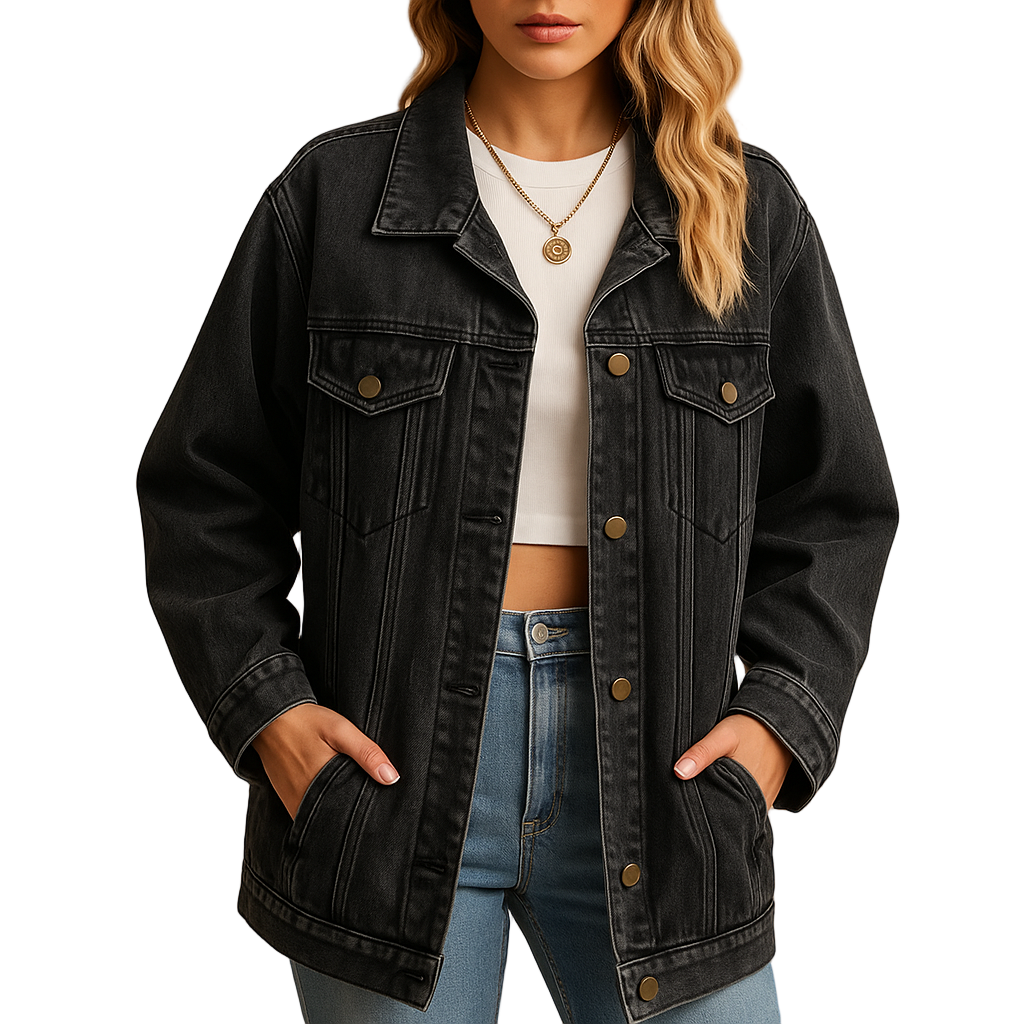 Snygg dam vinterjacka med knapplåsning i denimstil, perfekt för kalla dagar. Bekväm & stilren höstjacka.