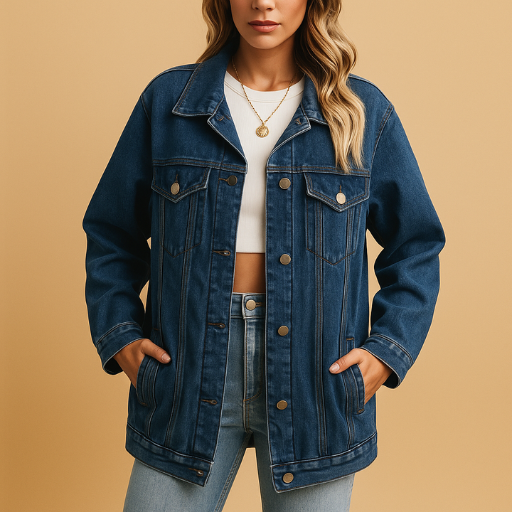 Modeinriktad dam vinterjacka i denimstil med knapplåsning. Varm, stilsäker & bekväm för vinterns kyliga dagar.