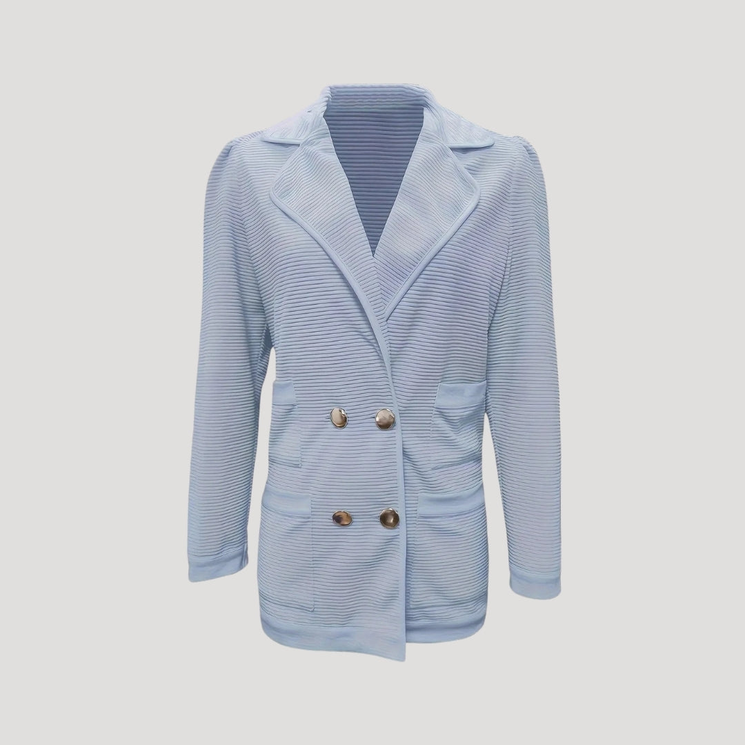 Klassisk stilren kvinnors blazer med dubbelknäppning. Mångsidig och bekväm för både affärs- och vardagsbruk.