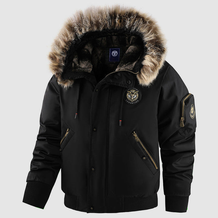 Modern herr bomberjacka, idealisk för höst & vinter. Streetwear-stil med huva, skyddar mot kyla. Herrjacka.