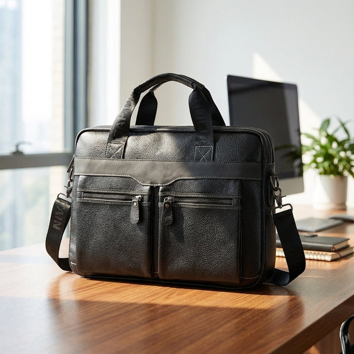 Snygg läder laptopväska UrbanSling, perfekt för bärbar dator och dokument. Skyddar din teknik elegant.