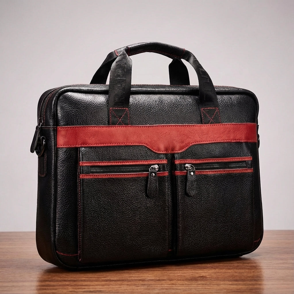 Exklusiv businessväska i äkta läder. Skyddar din bärbara dator med stil. Elegant och funktionell.