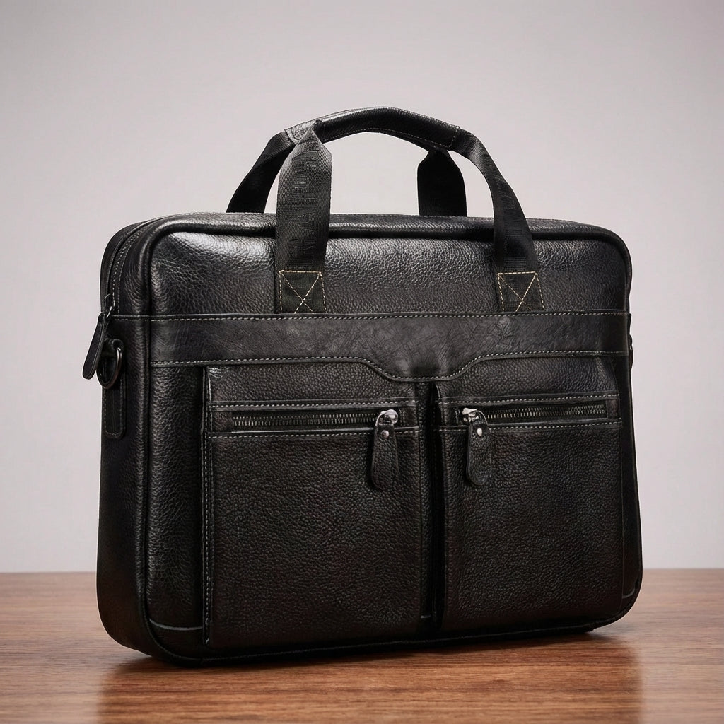 Klassisk läder laptopväska för en professionell look. Passar både bärbar dator och viktiga affärsdokument.