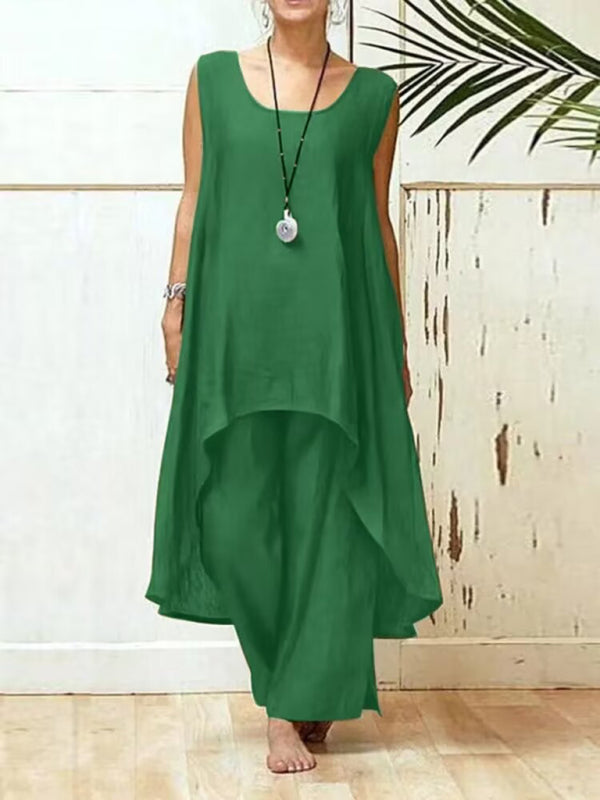 Modern ärmlös dam byxdress med vida ben och oregelbunden design, perfekt som vår- och sommarkläder.