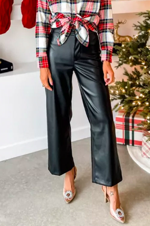 Eleganta byxor för dam i svart konstmocka med rak passform och hög midja, idealiska för en stilren look.