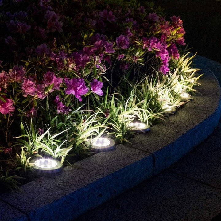 Varmvit LED markspotlight skapar mysig trädgårdsbelysning längs en gångväg på kvällen. Trådlös.