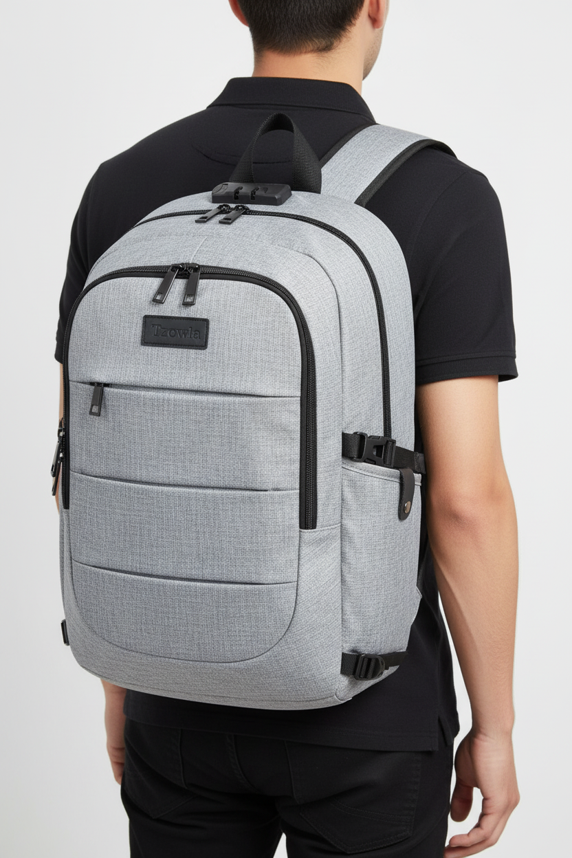 Praktisk Safepack USB-ryggsäck. Stöldsäker laptopväska för student, kontor & resor. Vattentålig.