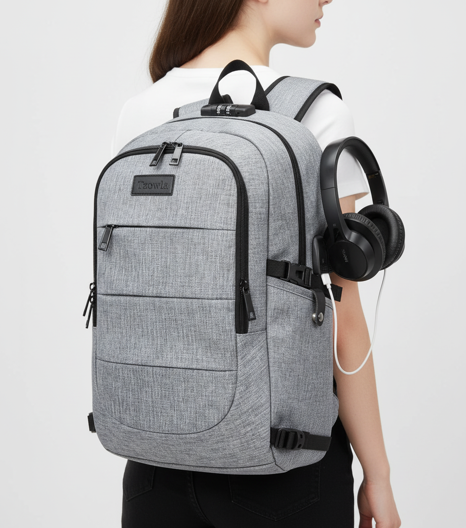 Ergonomisk baksida av Safepack ryggsäck. Stöldsäker, USB-port, perfekt för resor & pendling med laptop.