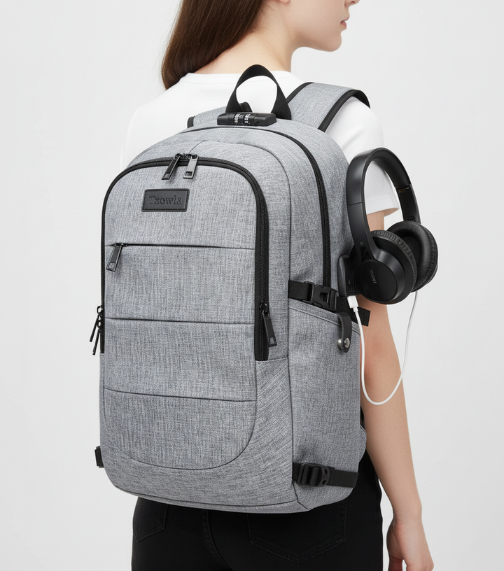 Ergonomisk baksida av Safepack ryggsäck. Stöldsäker, USB-port, perfekt för resor & pendling med laptop.