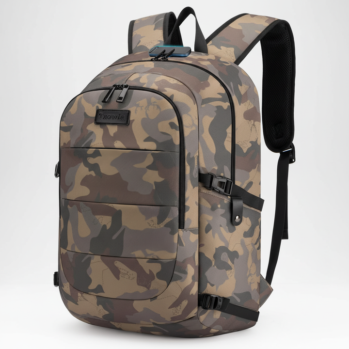 Person bär Safepack stöldsäker ryggsäck. Unisex, laptopfack & USB-laddning. Perfekt för stad & resa.