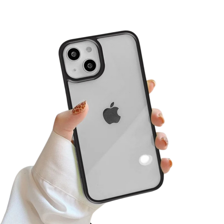 Stöttåligt silikonfodral för iPhone med transparent baksida och candyfärgade kanter, ger skydd.