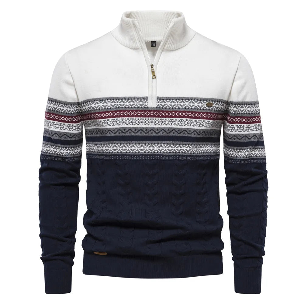 Stickad herrtröja med retro-mönster & halv dragkedja. Perfekt för vinterstil & vardagsbruk.