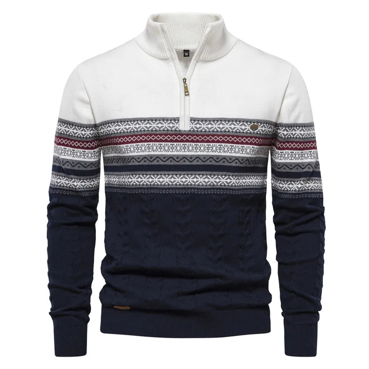 Stickad herrtröja med retro-mönster & halv dragkedja. Perfekt för vinterstil & vardagsbruk.