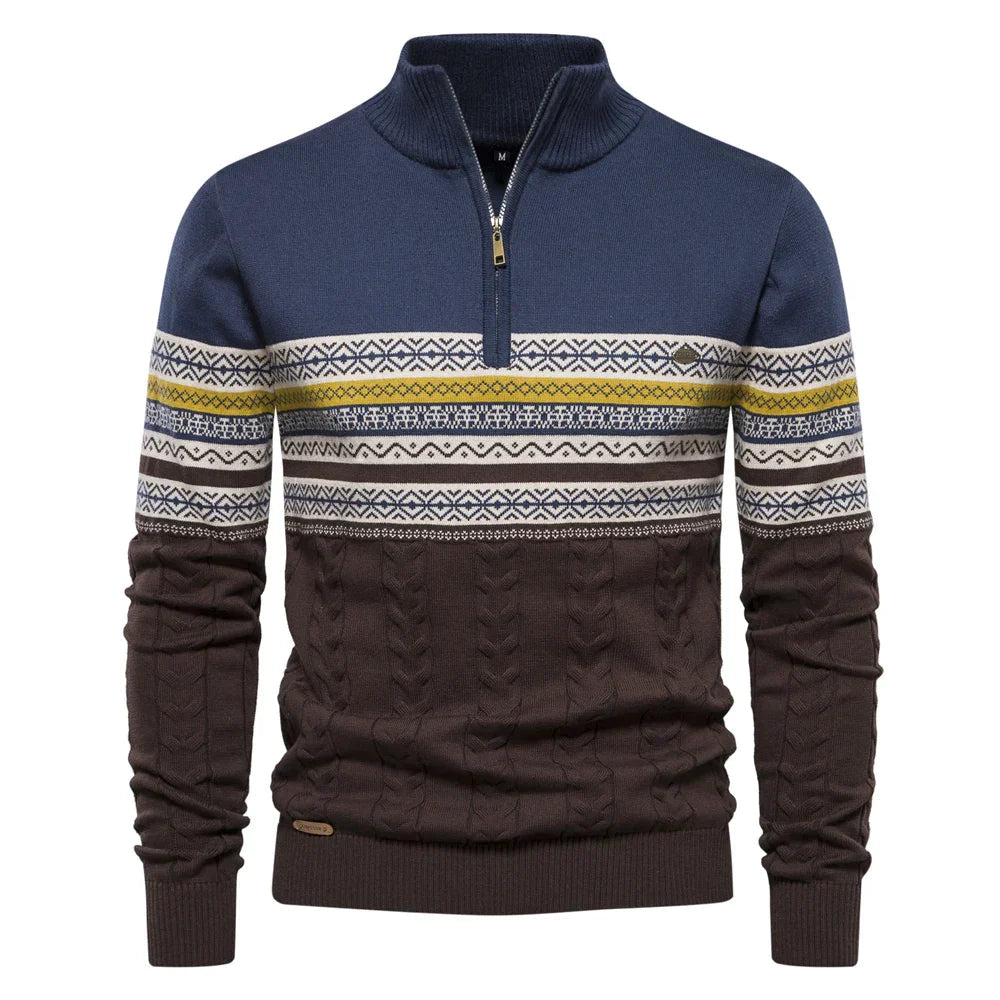 Casual stickad herrtröja med retro-mönster för vintern. Halv dragkedja ger stilren look.