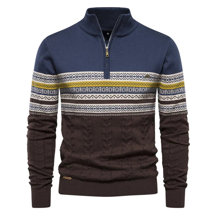 Casual stickad herrtröja med retro-mönster för vintern. Halv dragkedja ger stilren look.