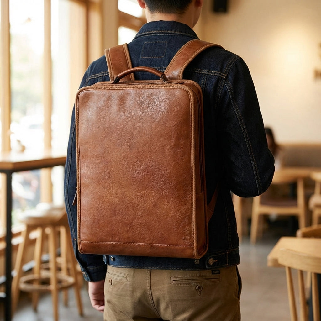 Stilfull, brun MetroTote laptopryggsäck för professionellt bruk. Strukturerad design för organiserad förvaring, perfekt för pendling och studier.