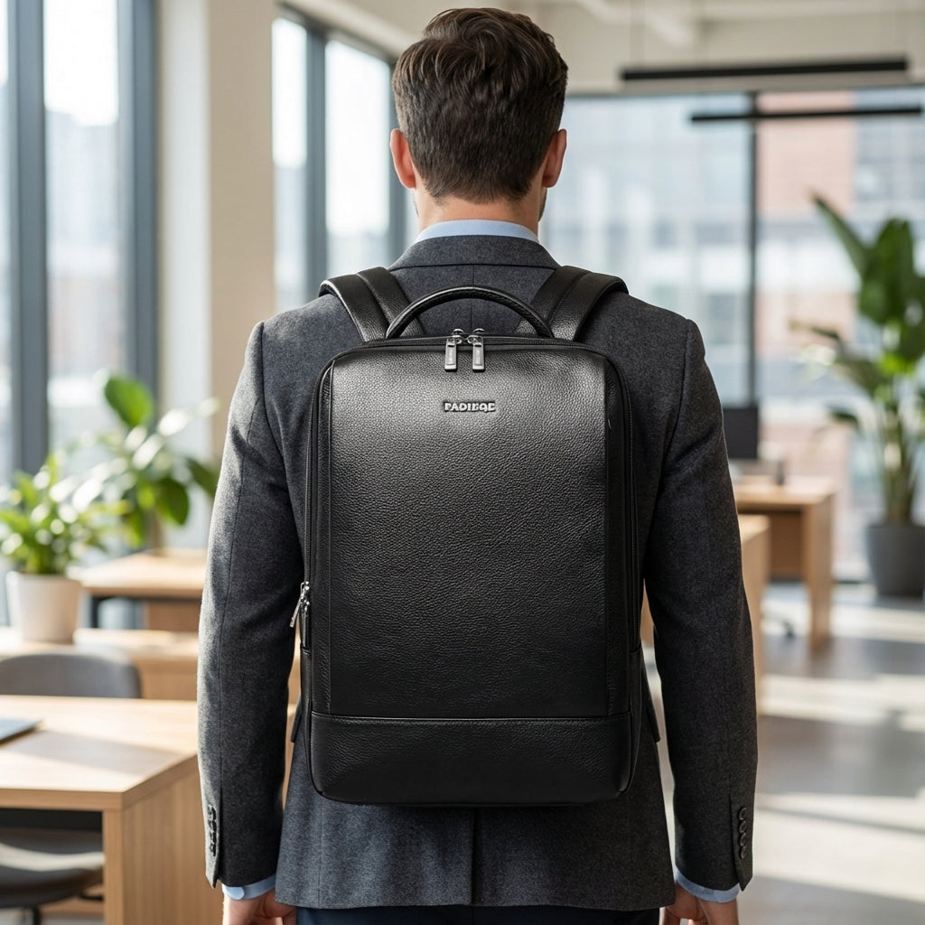 Stilfull unisex laptopryggsäck i svart fullnarvsskinn, perfekt för urban pendling med organiserade fack.