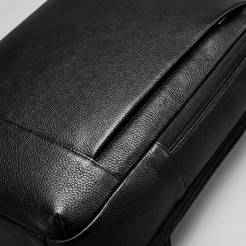 Elegant svart laptopryggsäck i premium fullnarvsskinn, tidlös design för både arbets- och skolpendling.