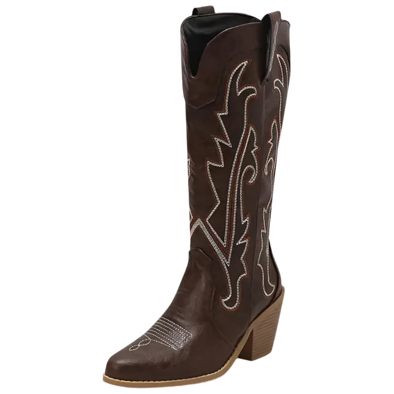 Stiliga bruna dam cowboystövlar i klassisk westernstil. Perfekta för vardag och fest.
