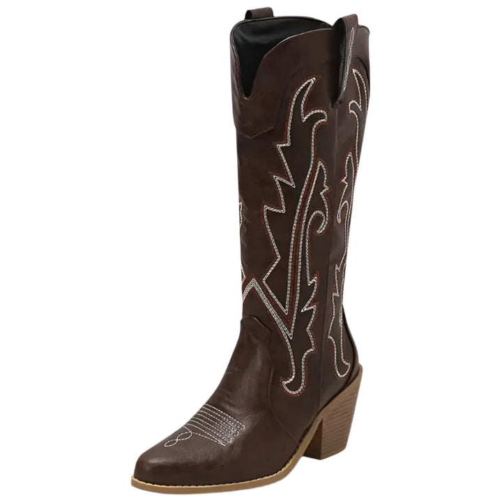 Stiliga bruna dam cowboystövlar i klassisk westernstil. Perfekta för vardag och fest.