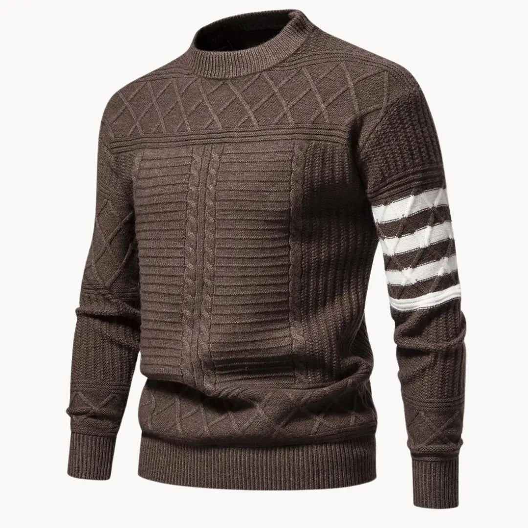 Klassisk crewneck herrtröja i beige färg med eleganta ribbdetaljer för tidlös stil.
