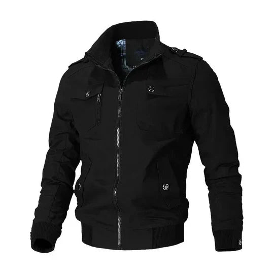 Mörkblå herr vinterjacka i bomberstil. Vindtät och varm design, idealisk för fritid och mode under kalla dagar.