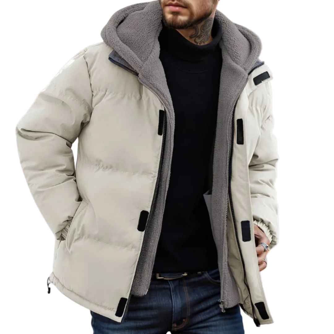 Stilren herr hoodie jacka med huva, perfekt för kalla vinterdagar. Varm & bekväm isolerad fritidsjacka.