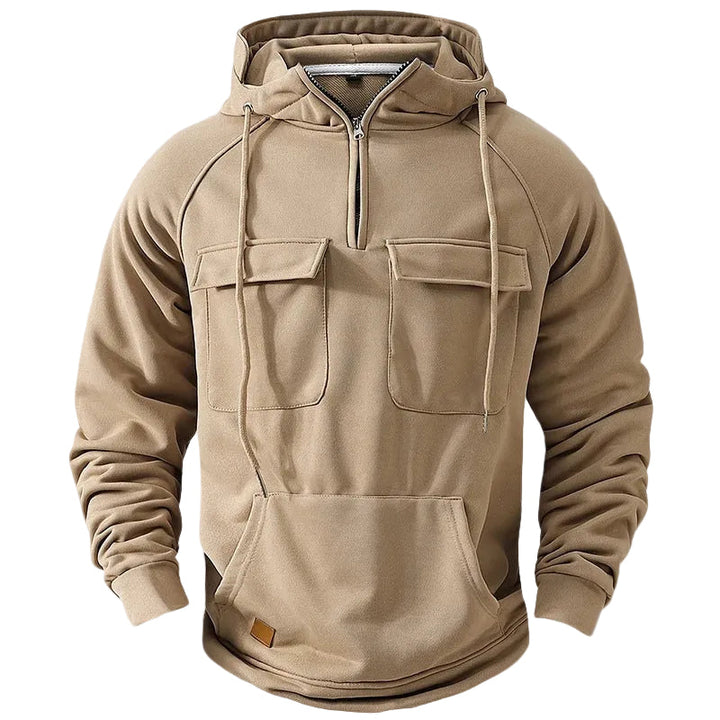 Stilren herr hoodie med dragkedja och flera praktiska fickor, perfekt för vardagsmode och en bekväm stil.
