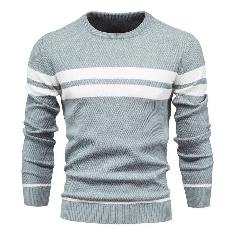 Patchwork-pullover för herr med rund hals. Elegant och unik design för vardagsbruk.