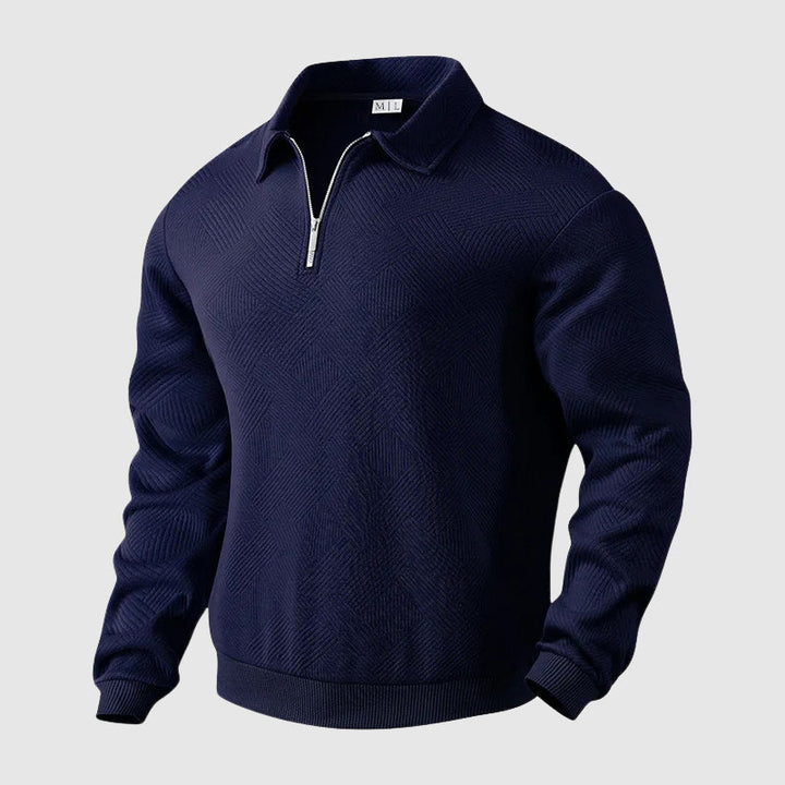 Elegant herr polotröja med blixtlåskrage, perfekt för stilrent vardagsmode och herrmode.