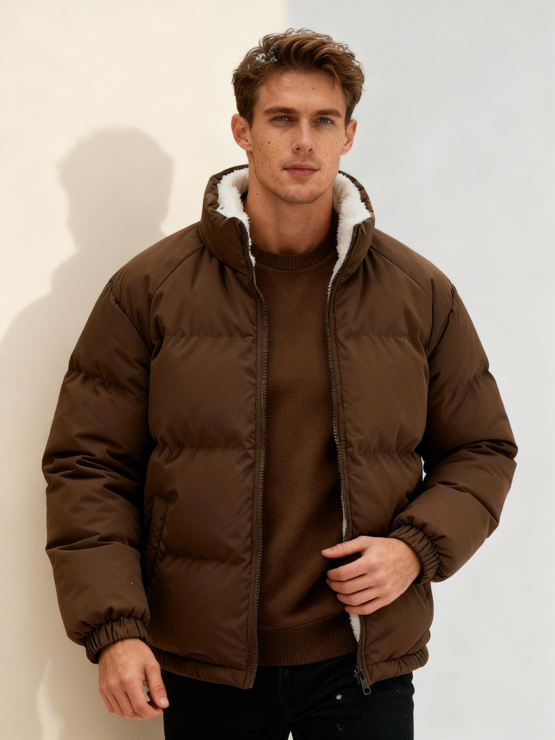 Man bär en beige pufferjacka utomhus. En varm & stilren vinterjacka för sportig herrlook.