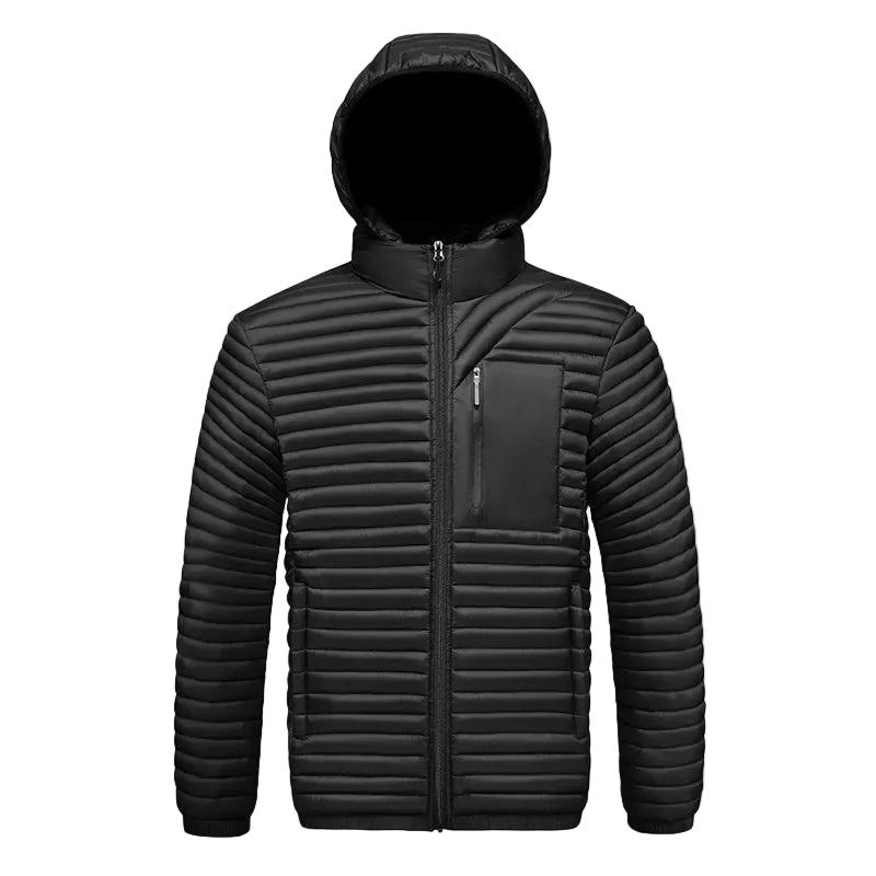 Stilren herr pufferjacka med huva, perfekt ytterplagg för höst, vinter & vår. Modern & bekväm design.