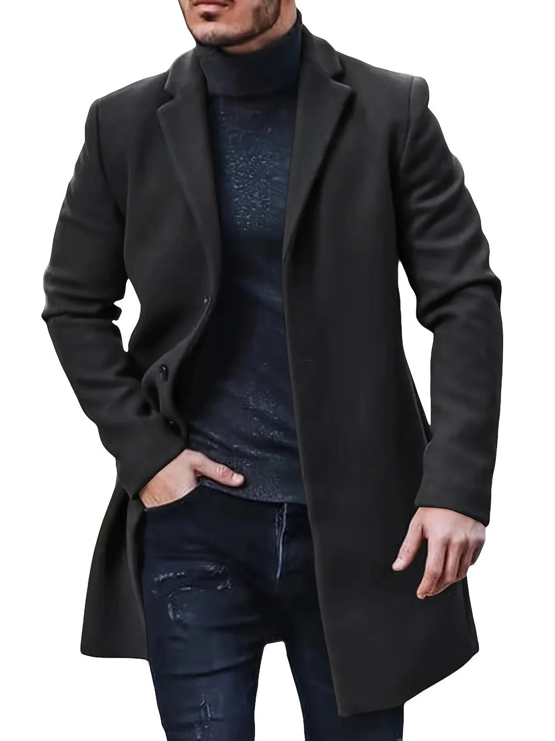 Elegant enkelknäppt vinterjacka för herr. Tidlös stil för formella tillfällen och vardagsbruk under vintern.