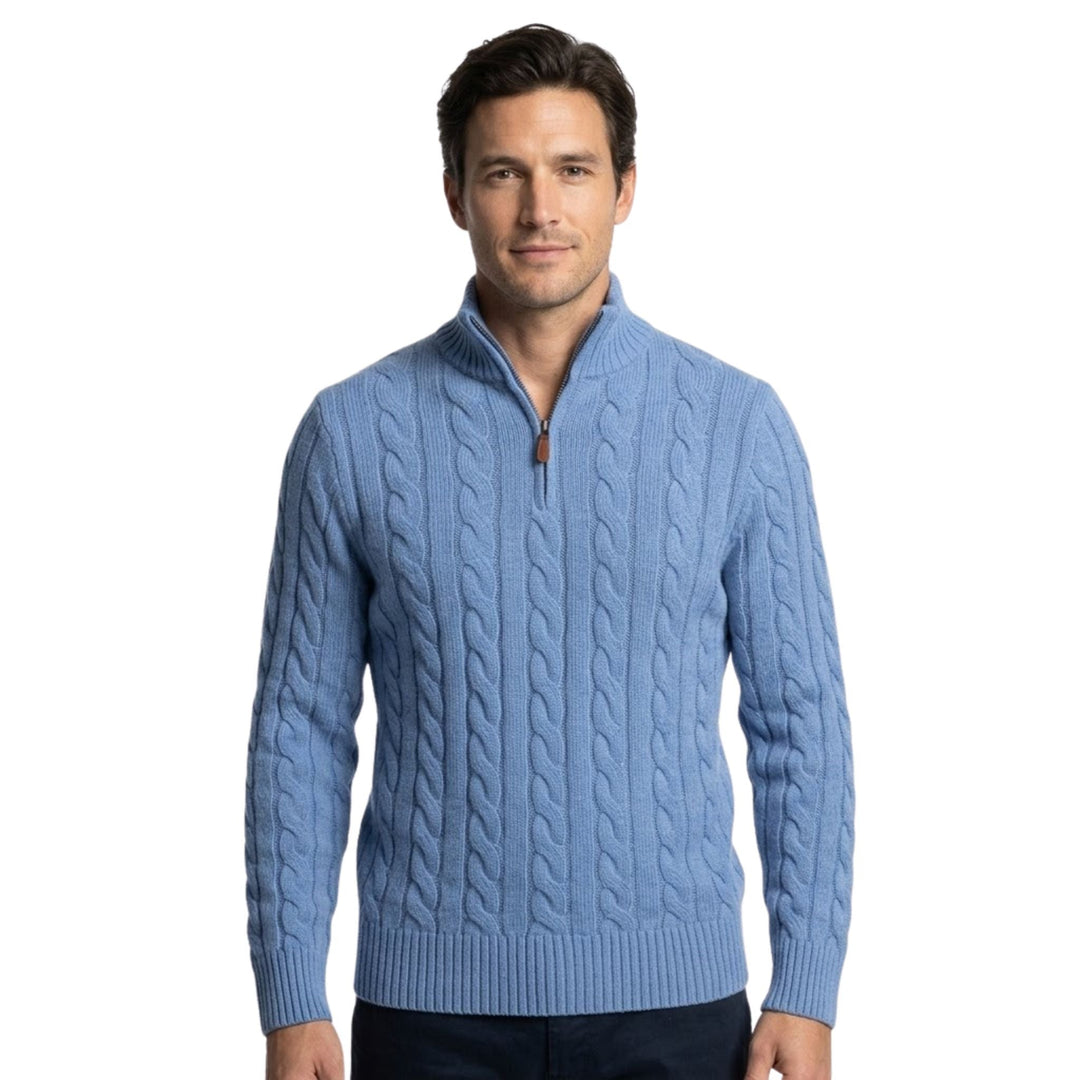 Stilren herrcardigan med halvdragkedja, långärmad och hög hals i ribbad design för värme och komfort.