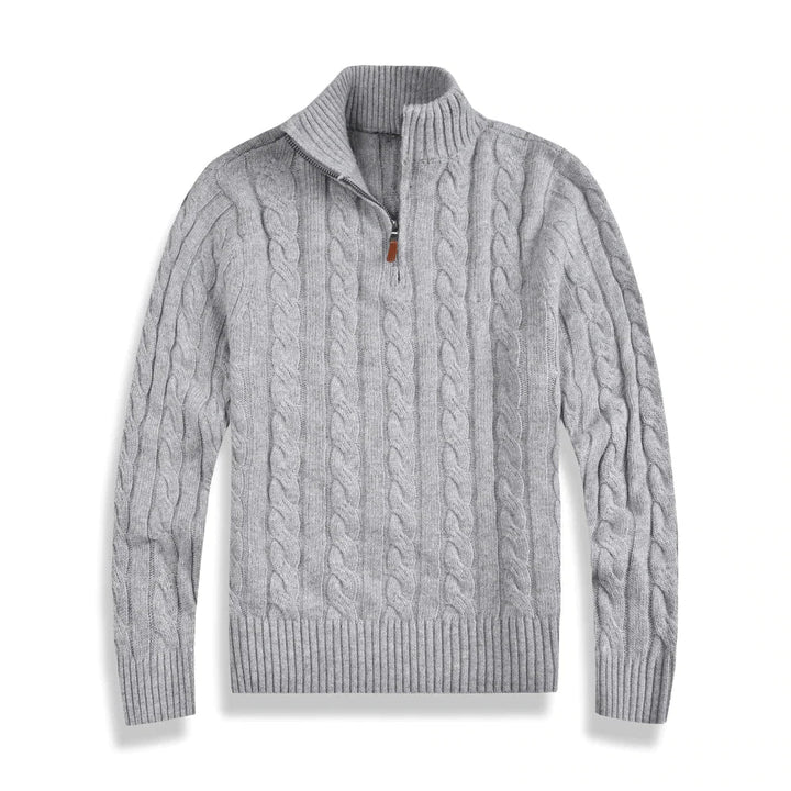 Långärmad herrcardigan med halvdragkedja. Bekväm herrkofta med hög hals, idealisk för en stilren, avslappnad look.