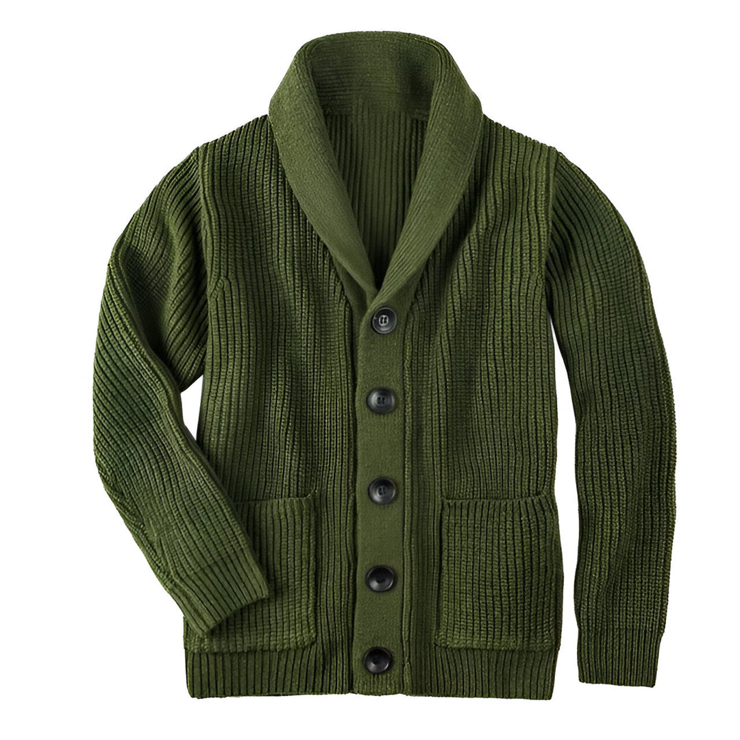 Stickad herrcardigan med knappar, mjuk och bekväm kofta för höst- och vintermode. Stilrent ytterplagg.