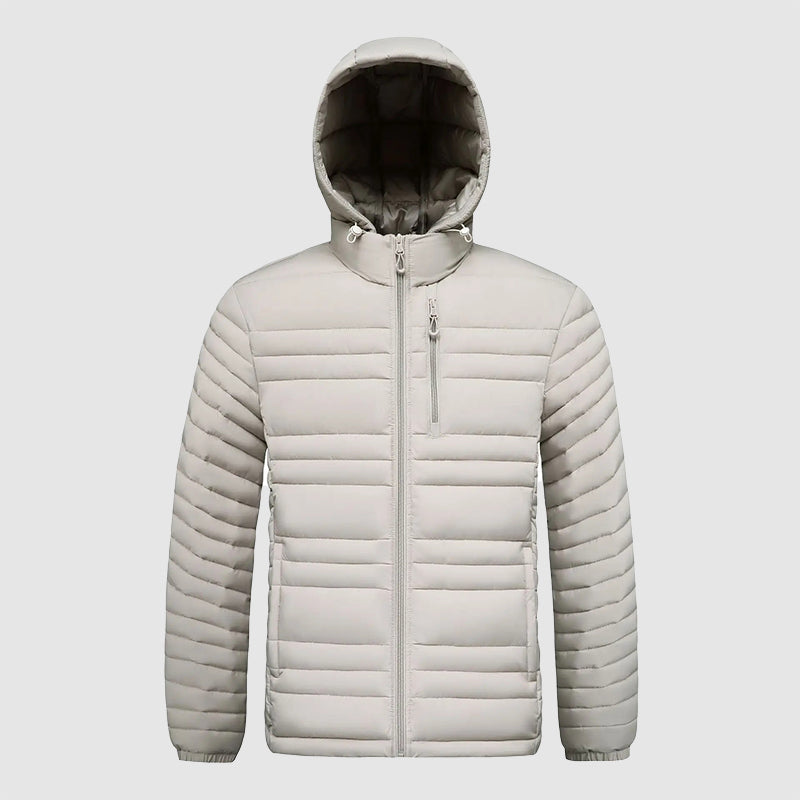 Stilren herrjacka med avtagbar huva, perfekt för höst & vinter. Varm fritidsjacka med dragkedja.