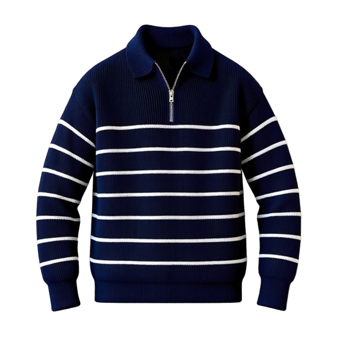 Stilren herrtröja med halvzip i nautisk stil. Randig maritim design, perfekt för casual vår- och höstmode.