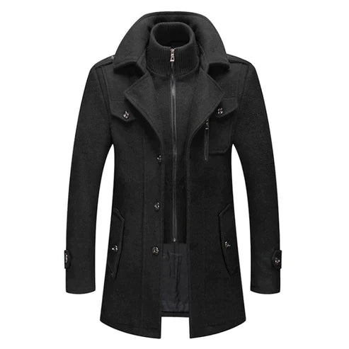 Man bär modern herrvinterrock. Varm överrock, perfekt för stilrent herrmode och vinterkläder med elegans.