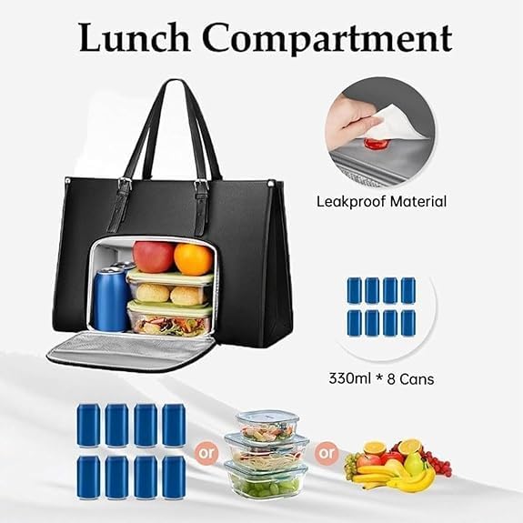 Detaljbild på isolerad damlunchväska med rymligt huvudfack och skyddande laptopfack. För fräsch mat.