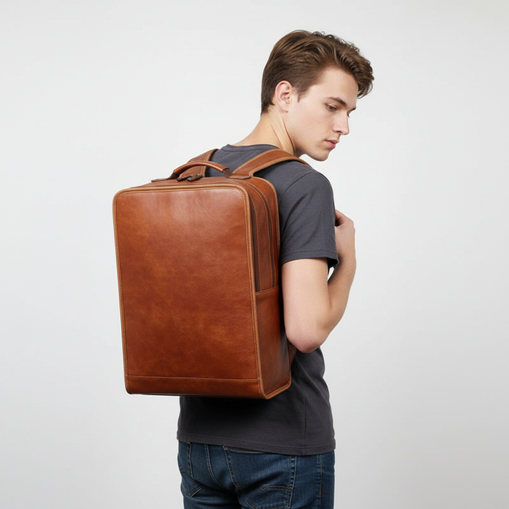 Rymlig orange datorryggsäck i läder för laptop. Unisex ryggsäck för pendling, skola & kontor med plats för allt.