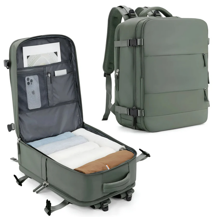 Svart rymlig unisex handbagageväska för smidig packning. Idealisk ryggsäck för resor, flyg och weekend.