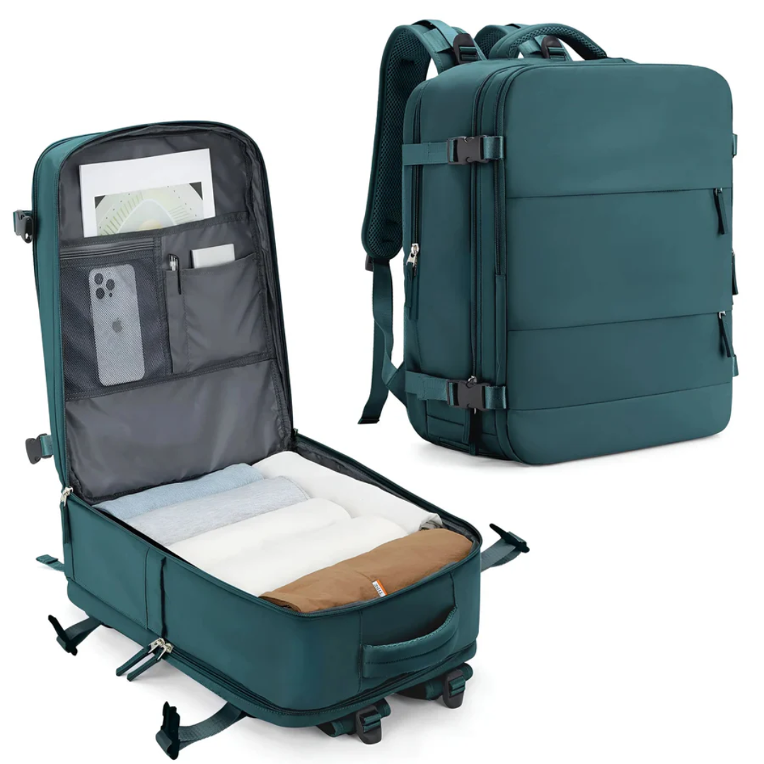 Stilren unisex handbagageväska i påfågelblå. Rymlig ryggsäck för smart packning på weekend och affärsresor.