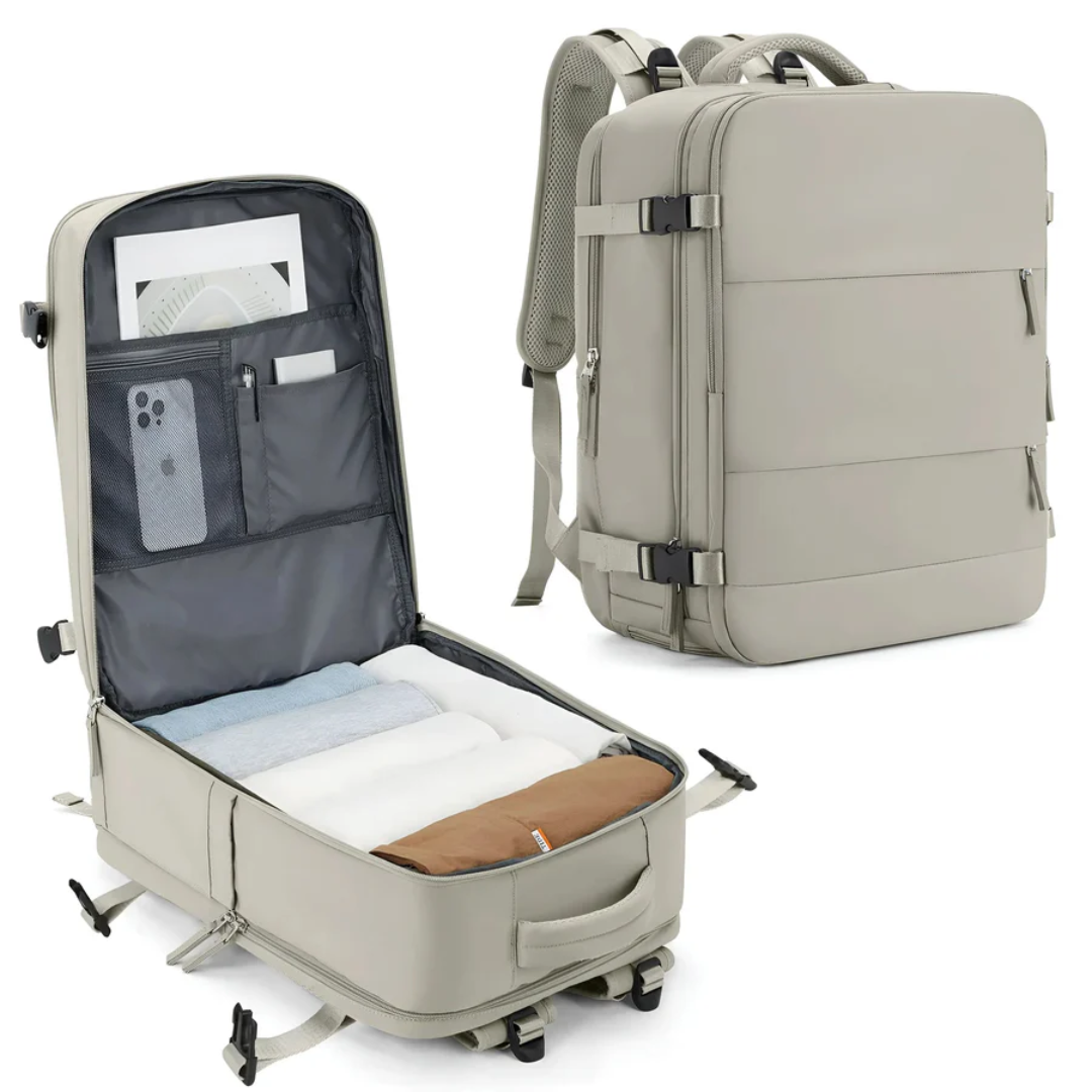 Grön unisex ryggsäck och handbagageväska. Rymlig weekendväska med stor kapacitet, perfekt reseaccessoar.